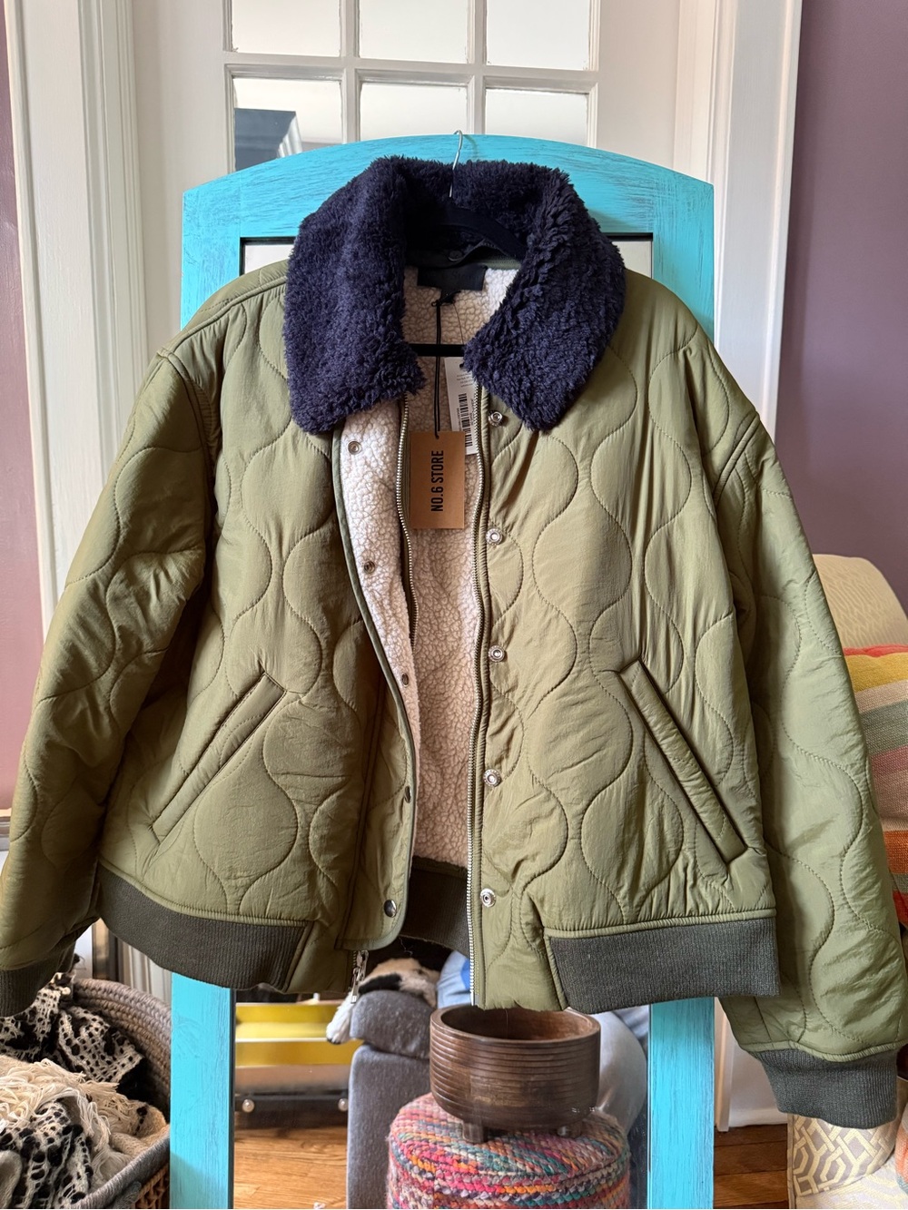 No. 6 Landmark jacket.  Quilted Olive Green Bomber Jacket - Picture 2 of 11